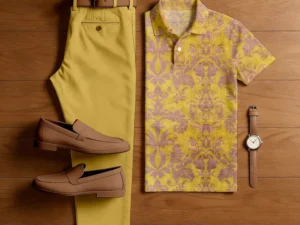 Men's Casual Yellow And Pink Printed Polo Shirt And Trousers Two-Piece Set