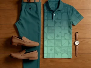 Men's Casual Light Green Gradient Print Short-Sleeved Polo Shirt And Trousers Two-Piece Set