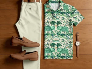 Men's Casual Green Animals Printed Polo Shirt And Trousers Two-Piece Set