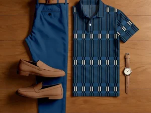 Men's Casual Navy Blue Stripes Printed Polo Shirt And Trousers Two-Piece Set