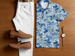 Men's Casual Blue Figure Printed Polo Shirt And Trousers Two-Piece Set